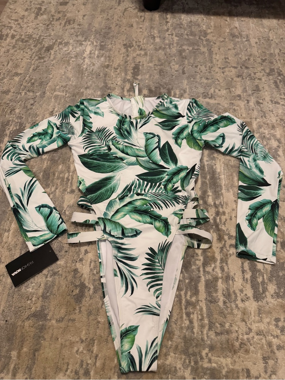 Fashion Nova White and Green Palm-Print Long Sleeve One-Piece